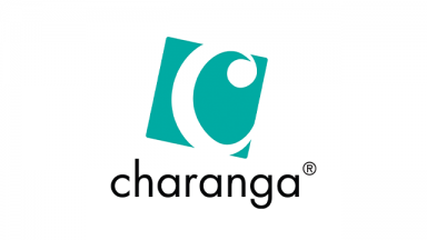 teal square with a C shape cut out of it, text charanga written underneath